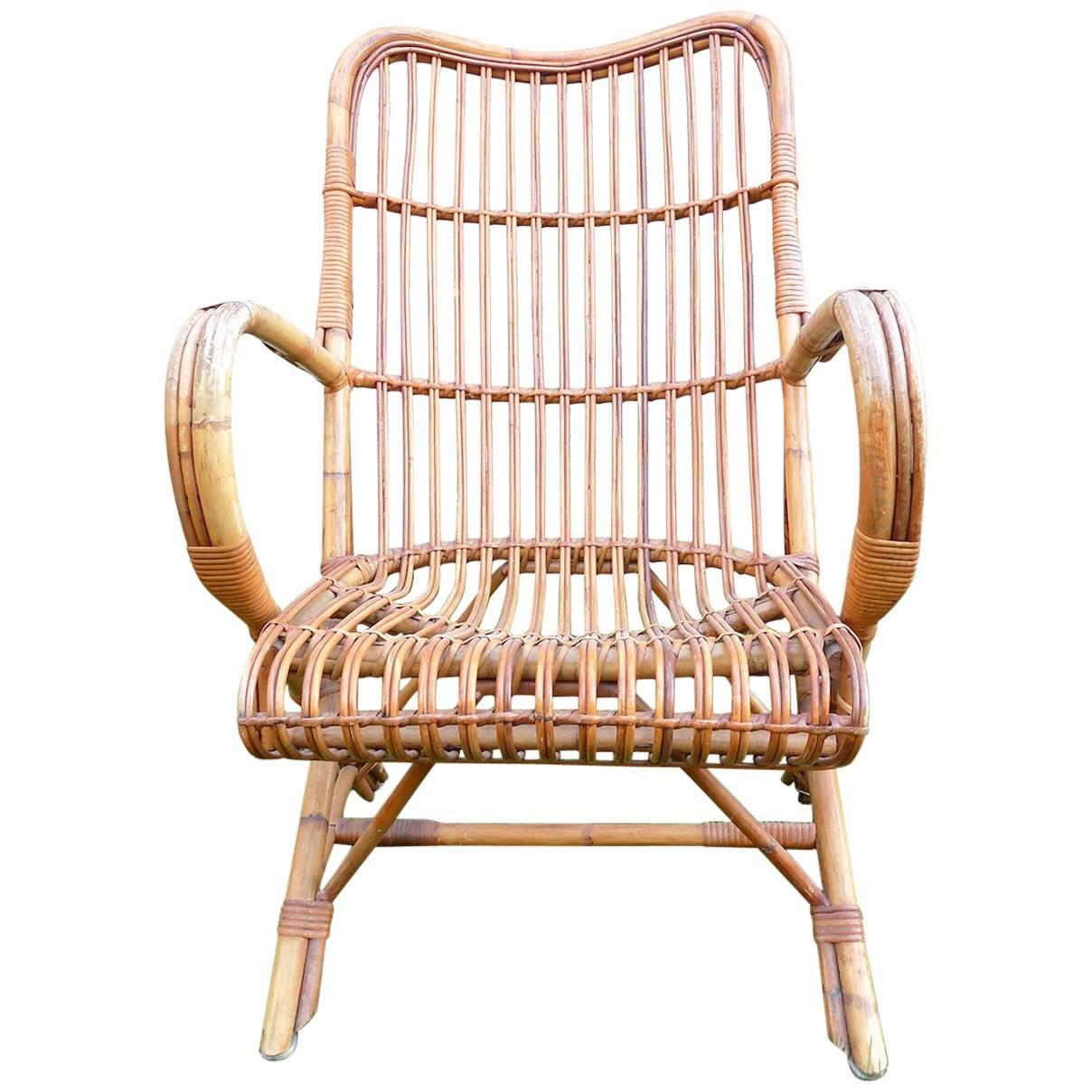 Beautiful Wicker Armchair by Audoux Minet, circa 1960 For Sale