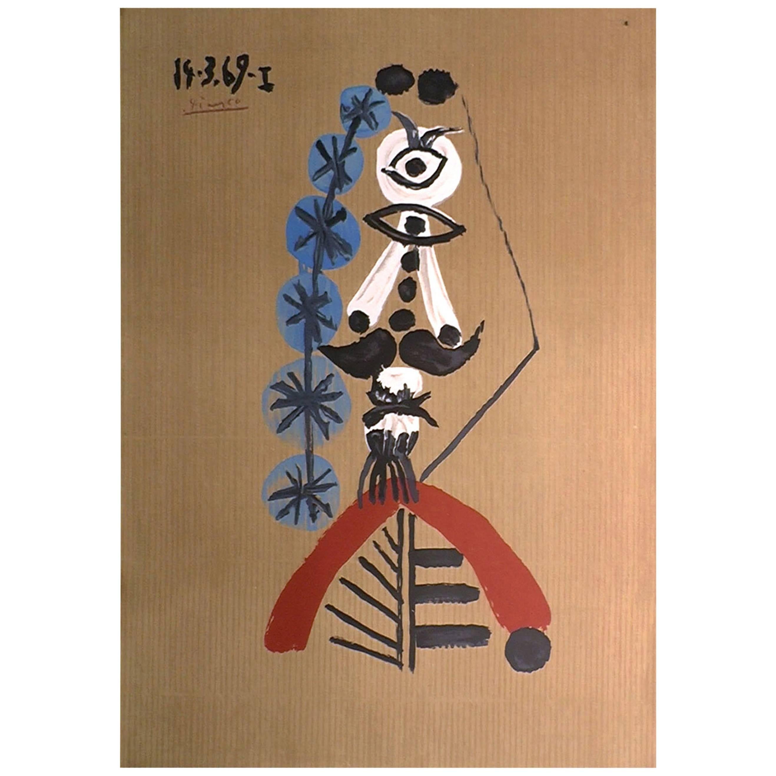 Lithographie originale signée et datée de Portrait Imaginaire de Picasso:: France:: 1969