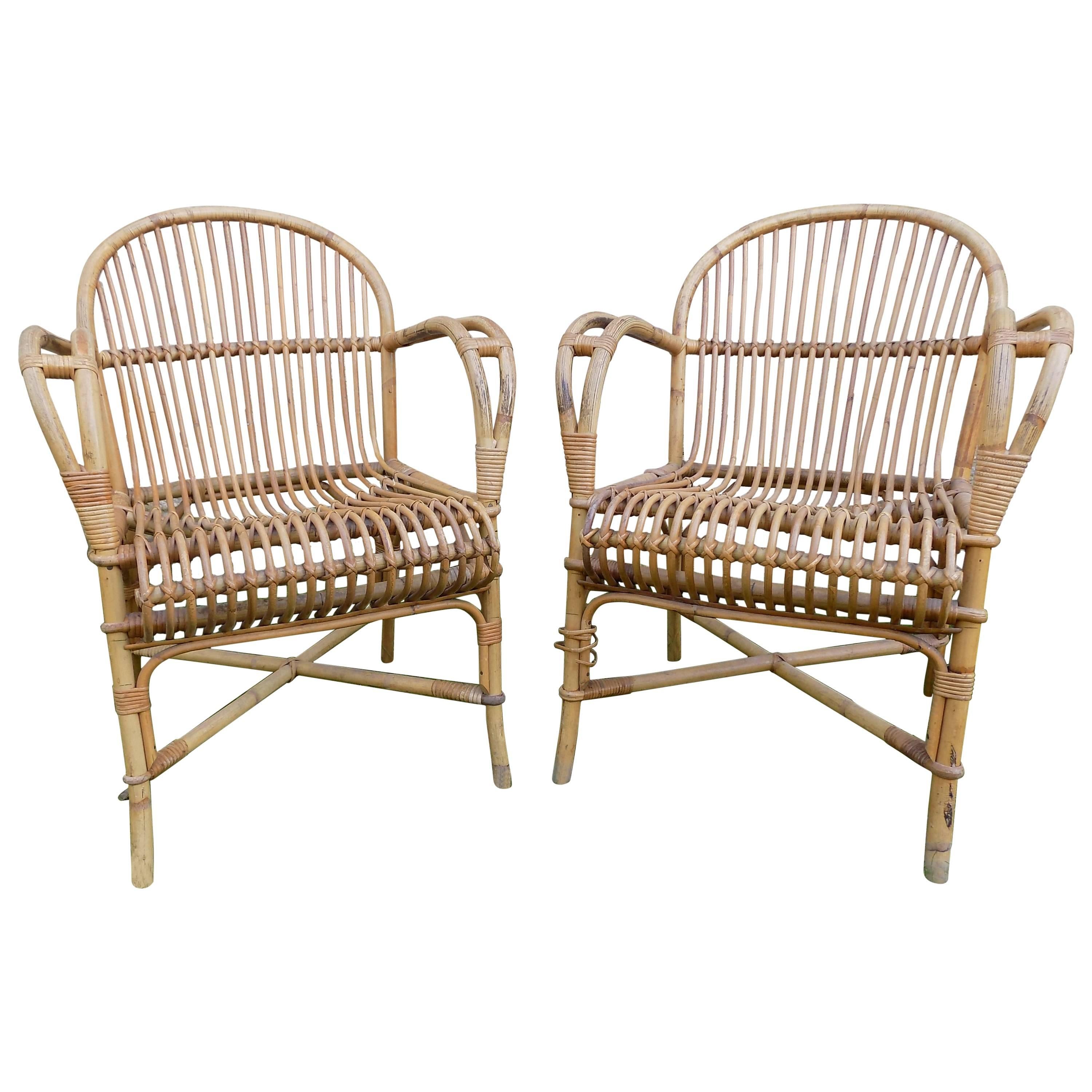 Beautiful Pair of Wicker Armchair by Audoux Minet, circa 1960
