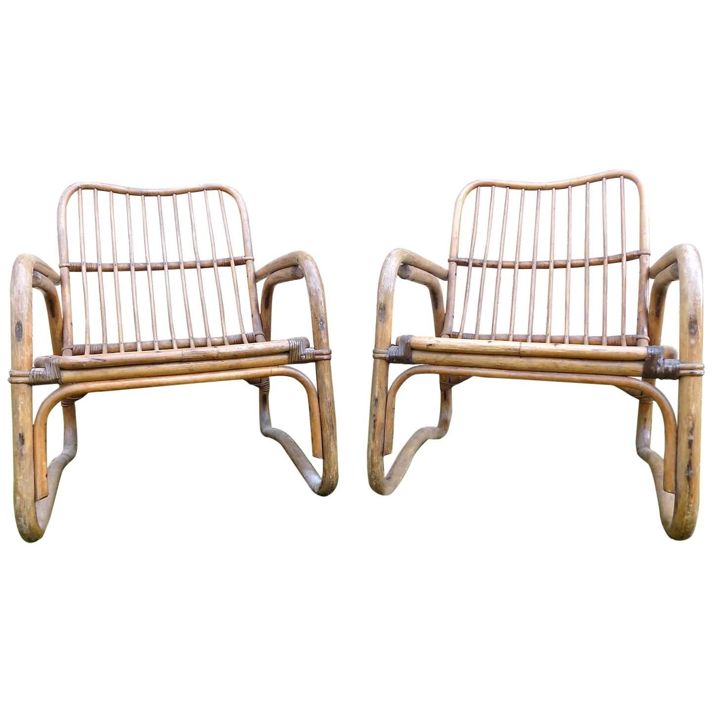 Beautiful Pair of Wicker Armchair by Audoux Minet, circa 1960 For Sale