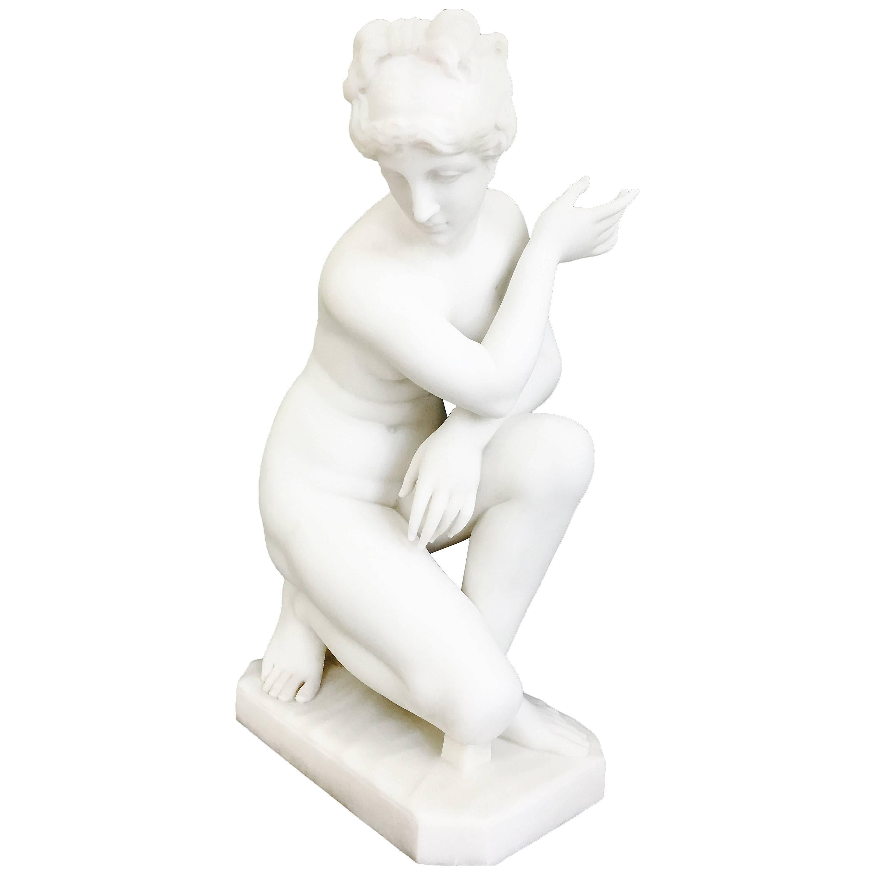 White Marble Sculpture of Crouching Venus by Pietro Bazzanti