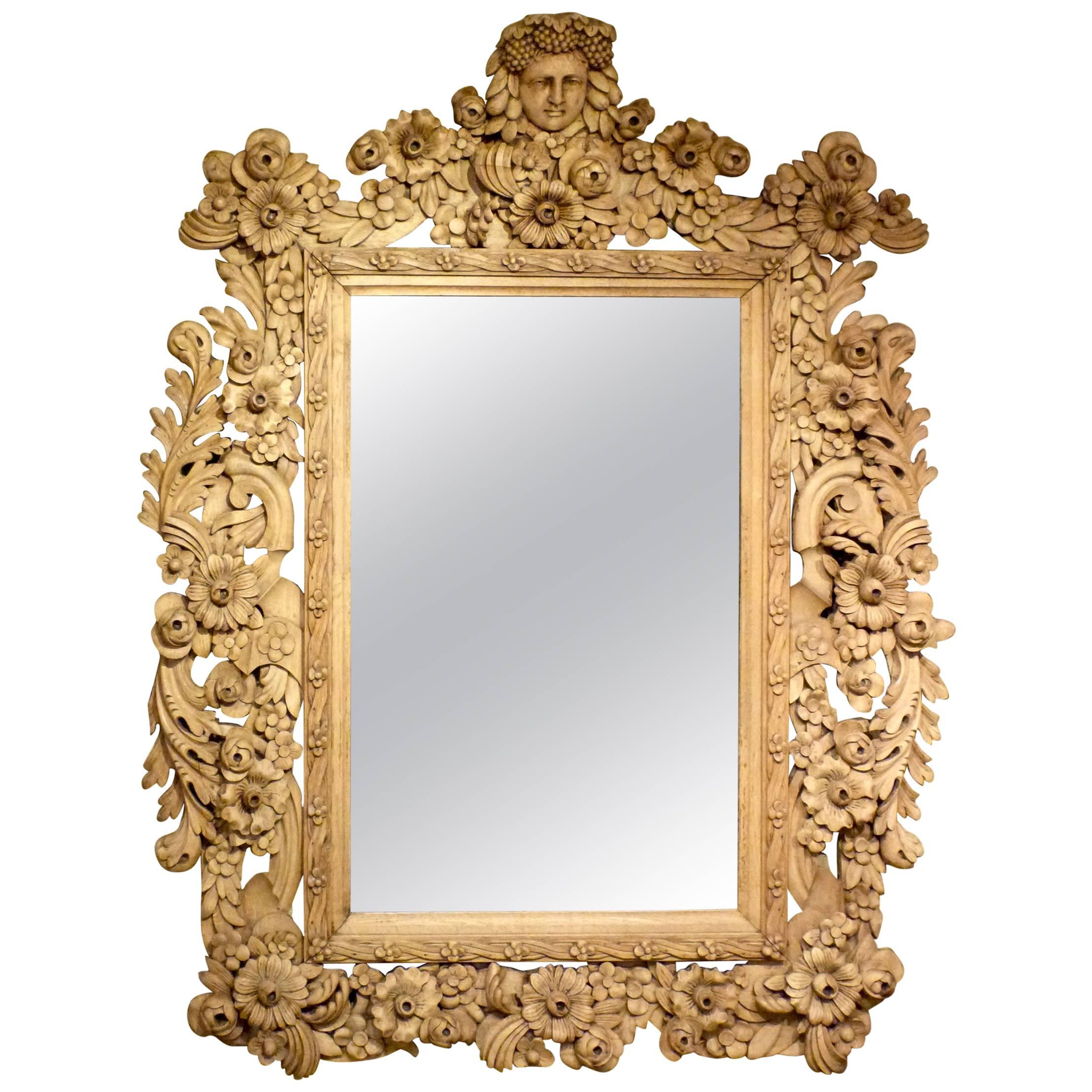 Large and Decorative Carved and Bleached Oak Mirror For Sale