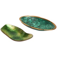 Paolo de Poli Enameled Green Dish and Brass Malachite Dish Mid-Century, 1950