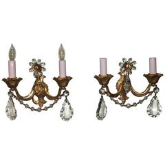 Pair of Bagues Style Gilded Iron Sconces with Crystals