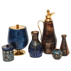 Blue Brown Ceramics Tura Ice Bucket Pitcher French Italian Laborne Quimper Vase 8
