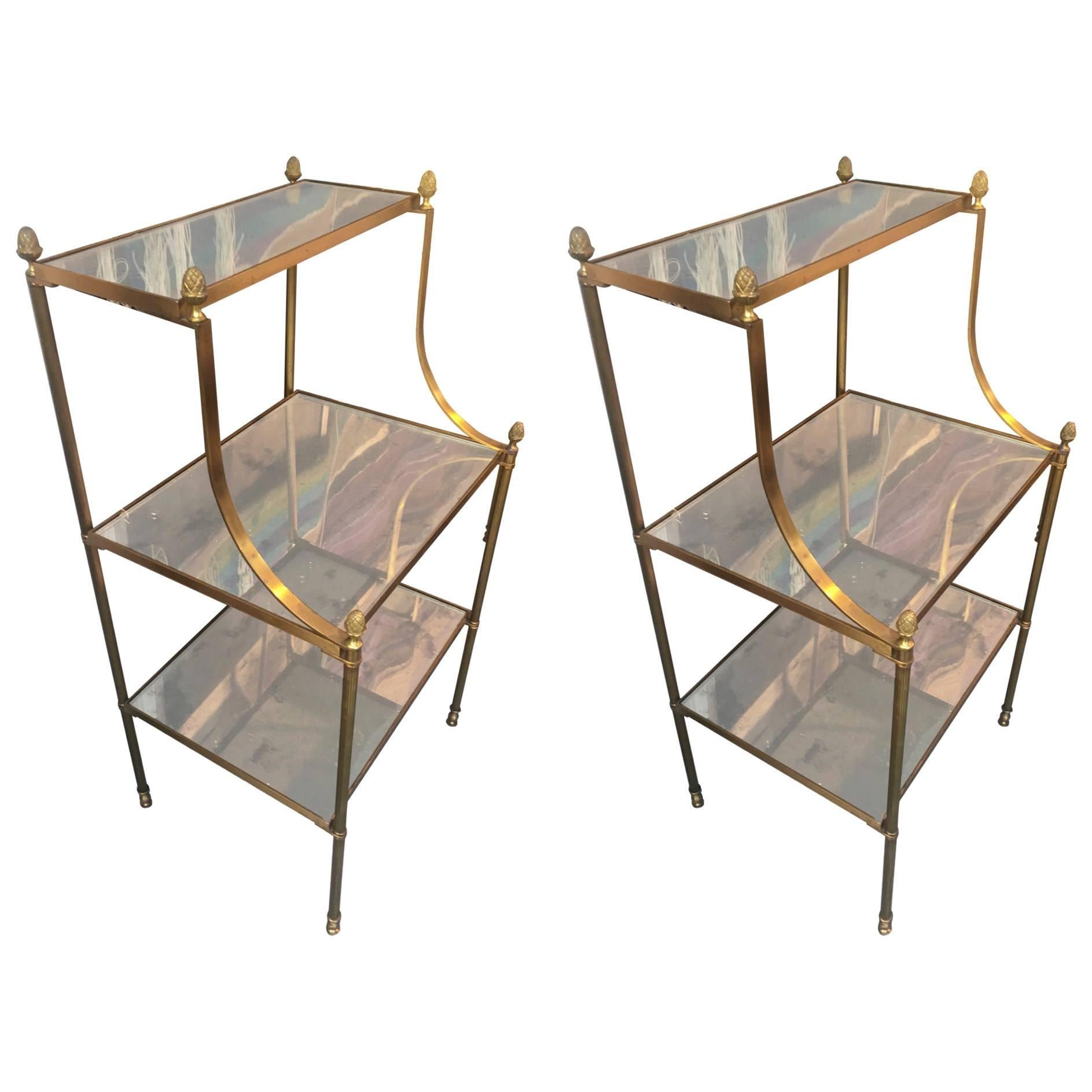 Maison Jansen Chicest Neoclassic Pair of Bronze Three Tiers Side Tables For Sale