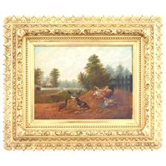 Antique Chickens in a Farmyard by Howard Hill, Mid-19th Century