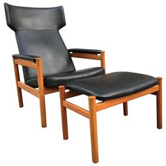 Scandinavian Modern Wing Chair and Ottoman by Soren Hansen for Fritz Hansen