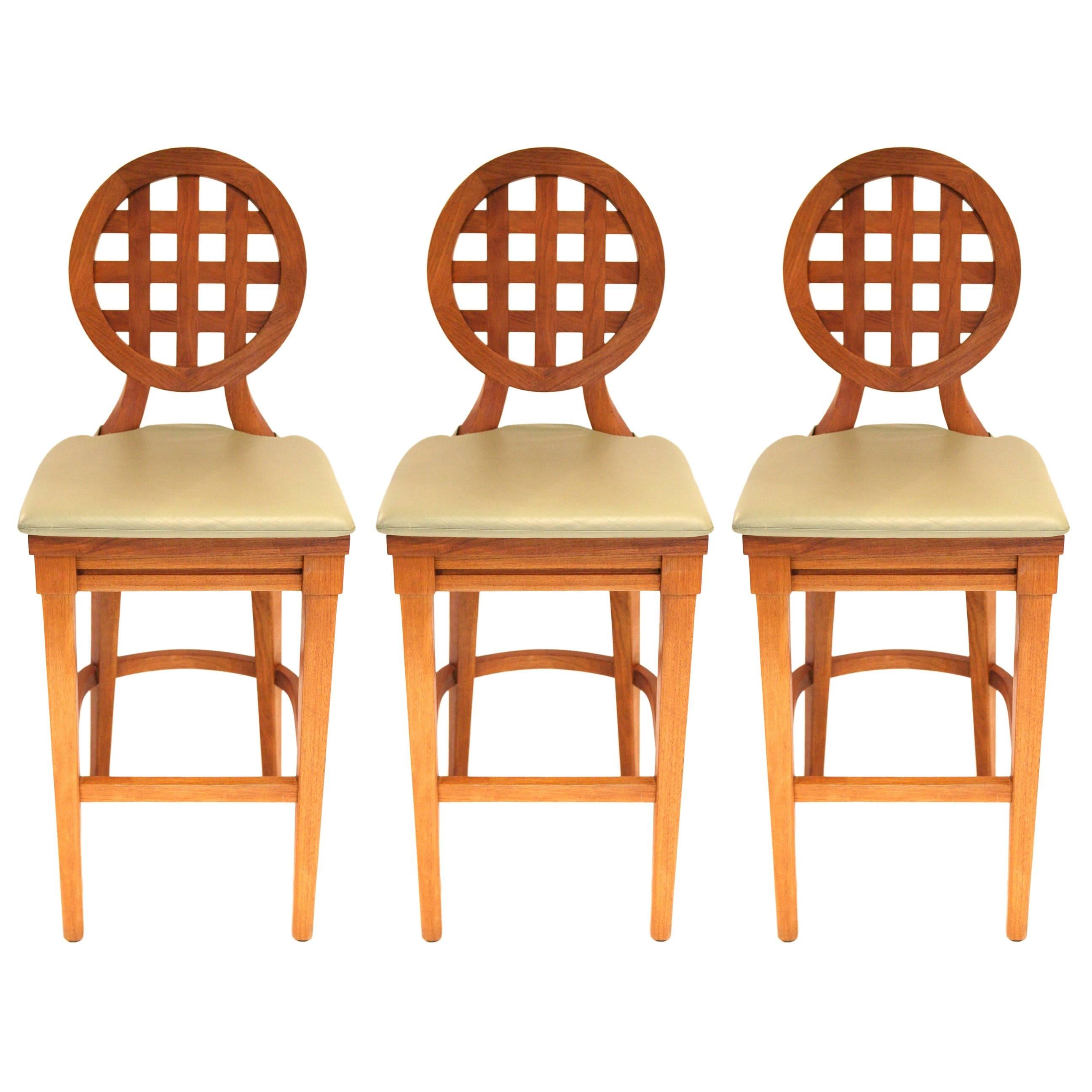 Set of Three McGuire Portico Teak Barstools with Leather Cushions