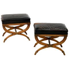 Pair of Leather and Fruitwood Neoclassical Style Benches 8