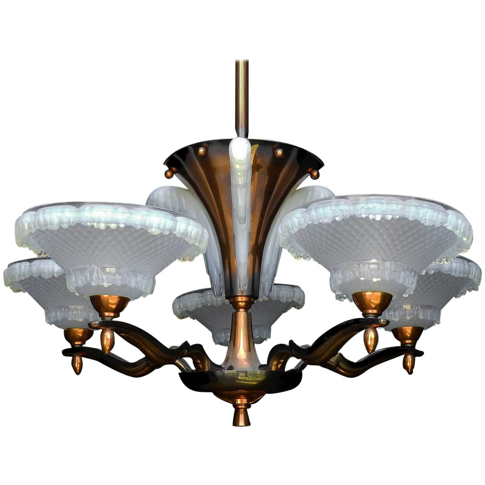 Art Deco Chandelier by Ezan and Petitot French Opalescent Glass and Copper, 1930