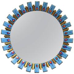 Mid-Century French Sun Shaped Mirror in Enamel and Golden Porcelain Tiles