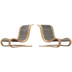 Sculptural 1970s French Organic Plywood and Leatherette Easy Chairs