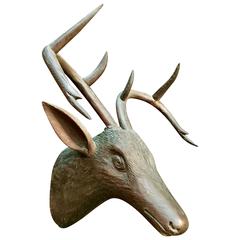 Antique Great Folk Art Wood Carved Stags Head 1, 19th Century