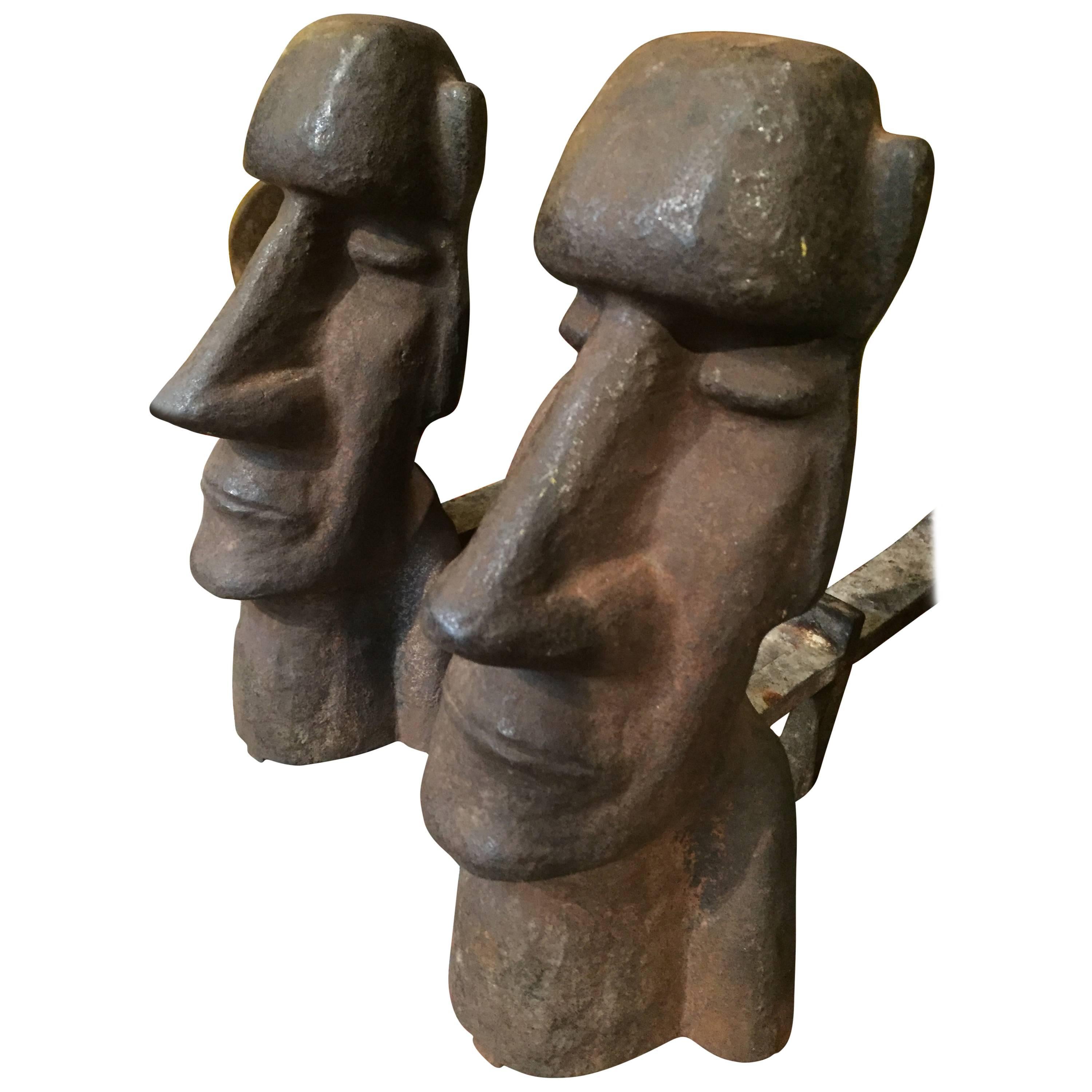 Stylized Cast Iron Easter Island Head Andirons
