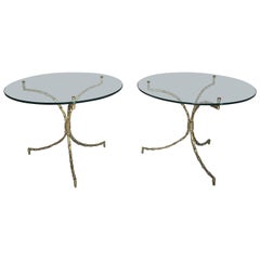 Pair of Bagues Bronze Faux Bamboo Tripod Cocktail or Side Tables