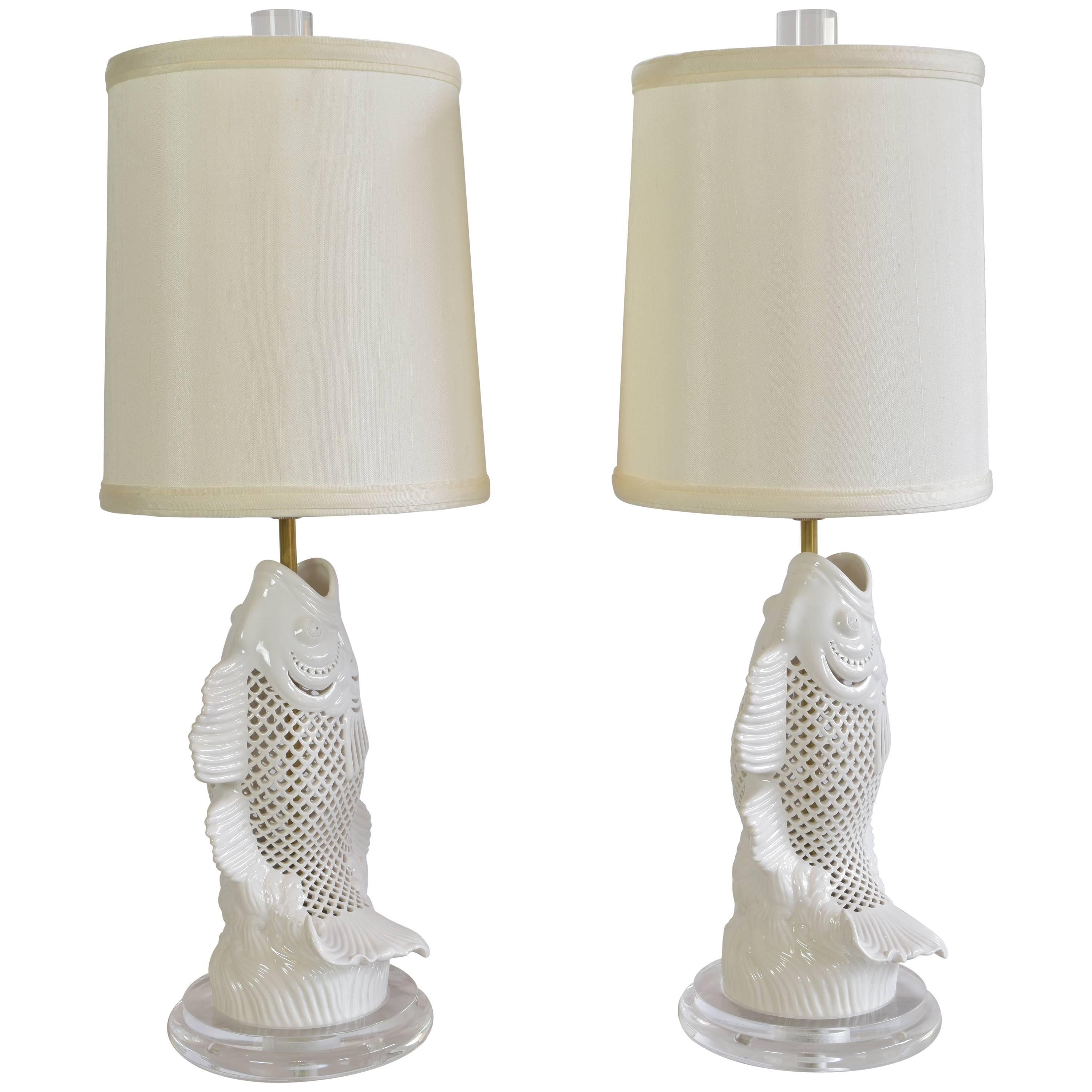 Pair of Pierced Porcelain Blanc de Chine Fish Lamps