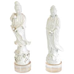 Pair of Porcelain Blanc De Chine Guanyin Figures on Acrylic Risers