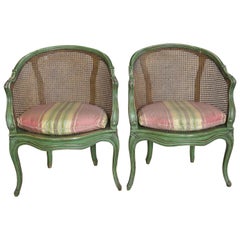 Pair of Green Painted French Chairs with Original Caning, circa 1950s
