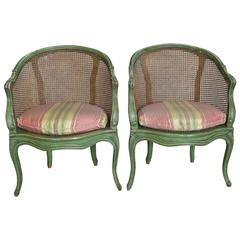 Pair of Green Painted French Chairs with Original Caning, circa 1950s 11