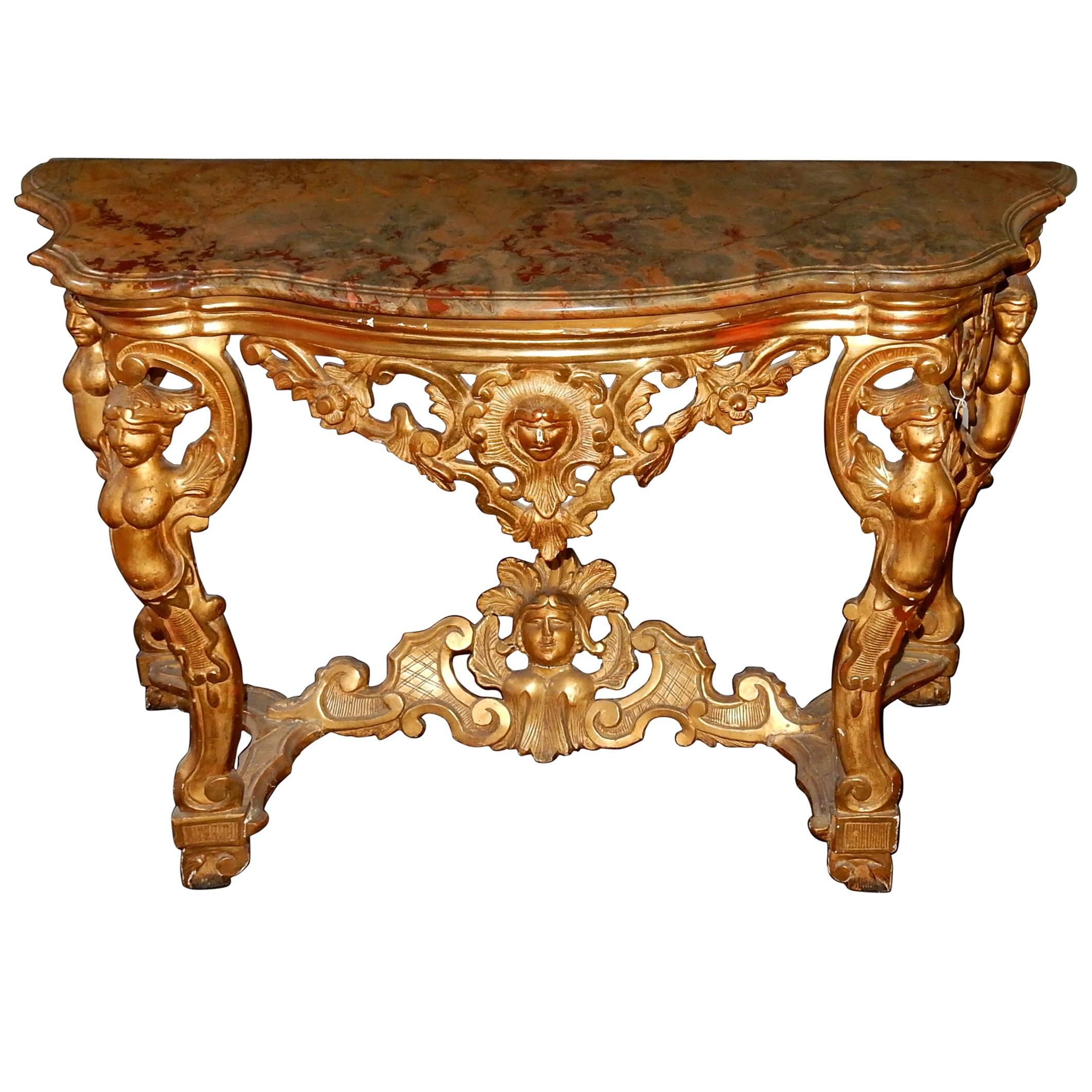 Console italienne du 19ème siècle en bois doré avec dorure, 1850  Puttis en vente