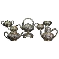 Rare Seven-Piece Antique Gorham Repousse Sterling Silver Coffee and Tea Service