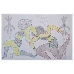 Retro Lewis Smith Drawing of Two Women Athletes or Dancers