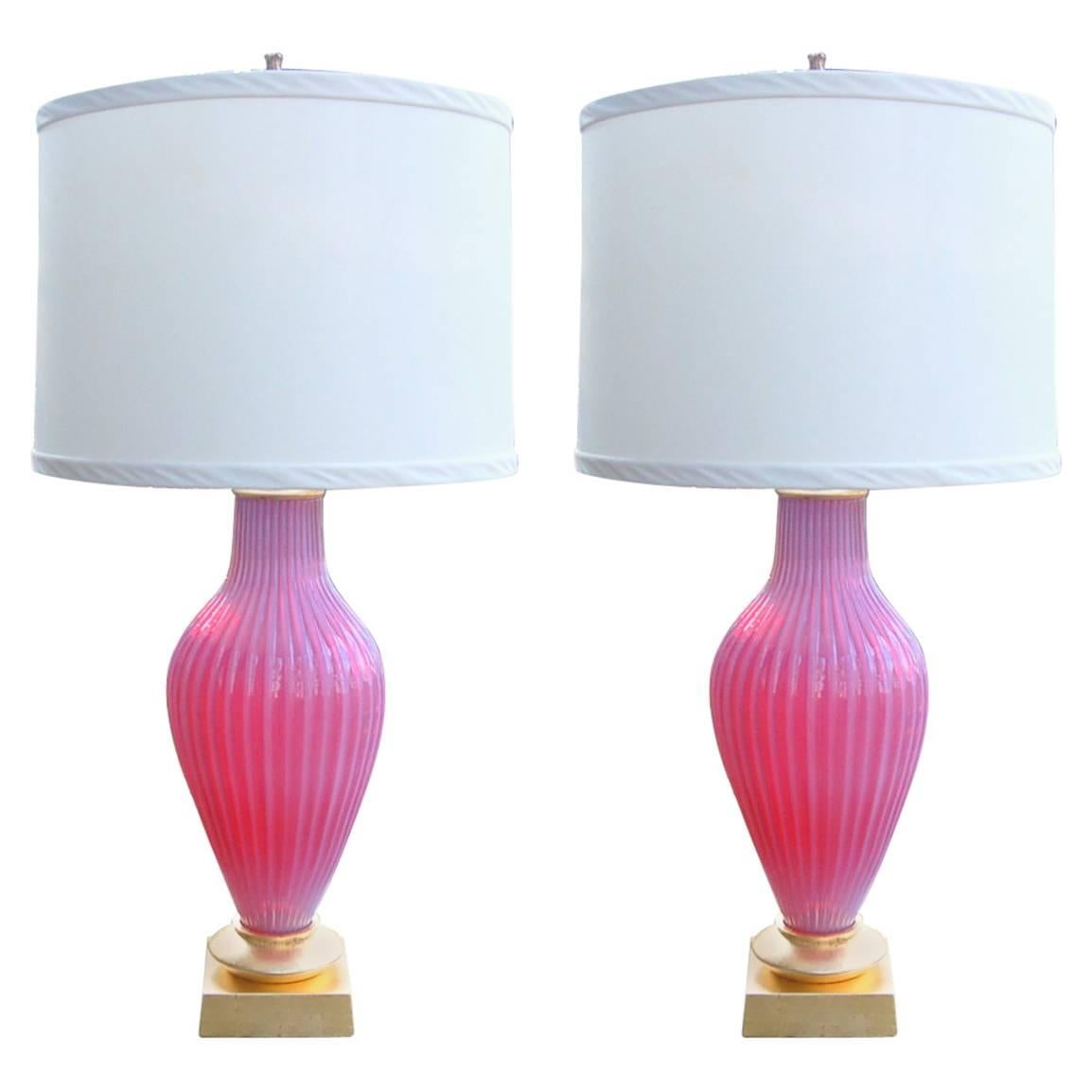 Pink Opaline Murano Vintage Table Lamps by Marbro For Sale