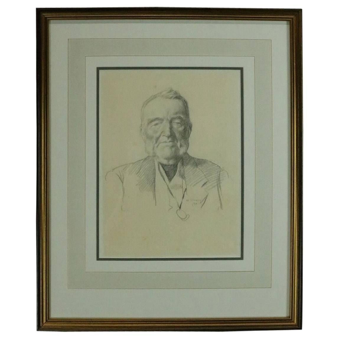 Antique Scottish Pencil Drawing by Sir Wm. Strang "Portrait of an Advocate" 1890