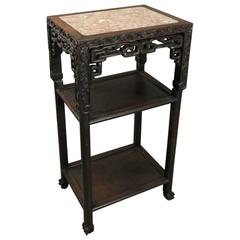 Antique Chinese Export Foliate Carved Rosewood & Marble Plant Stand, Late 19th C