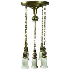 Antique Arts & Crafts Brass 5-Light Hanging Light, Quezel Shades, Signed, c1910