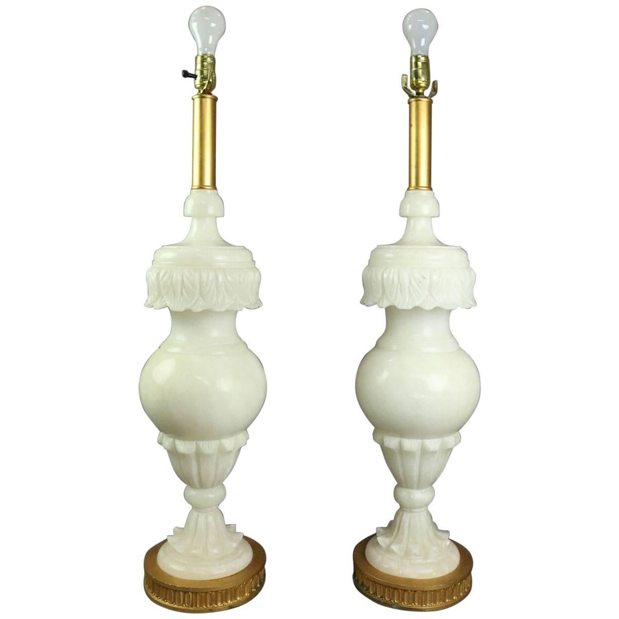 Pair Italian Carved Alabaster Lamps w/Acanthus Leaf Decor on Bronze Bases, 20th 