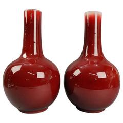 Antique Pr Chinese Oxblood Flambe Pottery Qianlong Tianqiuping Vases Late 19th C