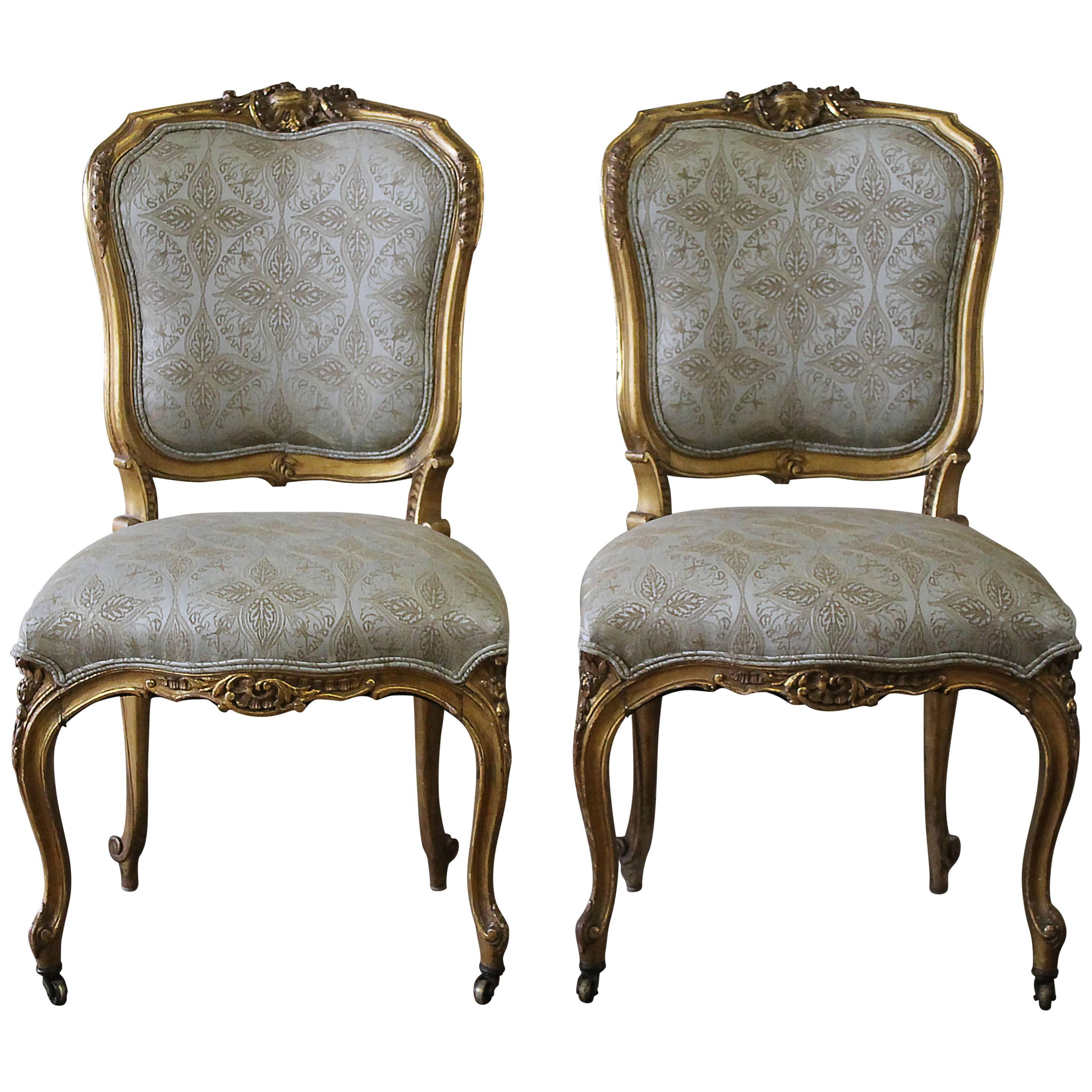 Pair of 19th Century Louis XV Carved and Upholstered Giltwood Chairs