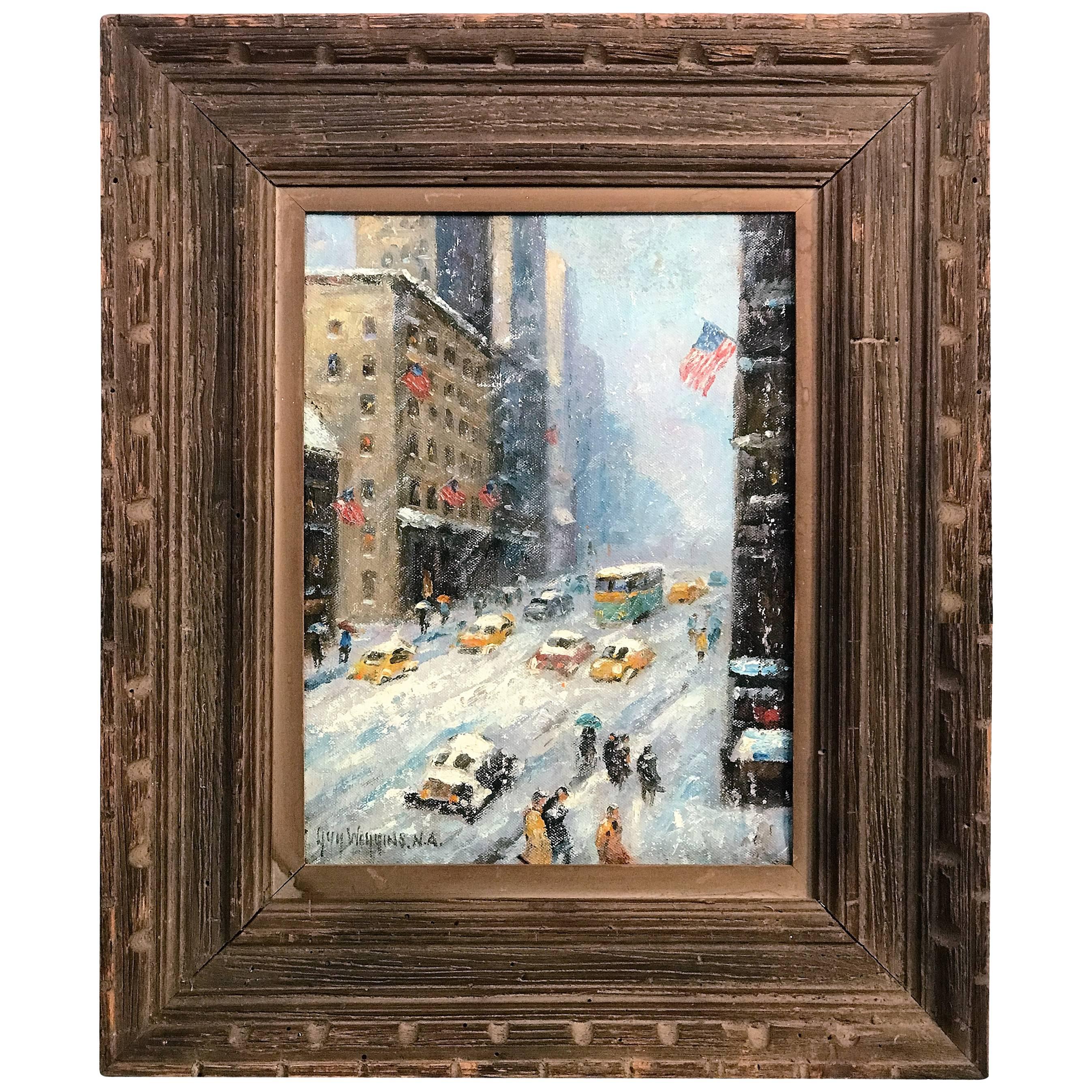 Exceptional Snowy New York City Scene Oil Painting after Guy Wiggins For Sale