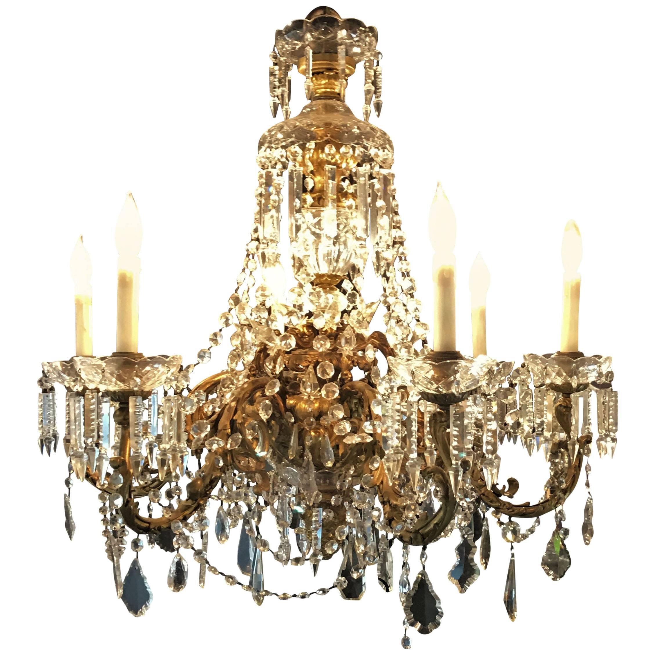 French Dore Bronze Crystal Waterfall Six-Light Chandelier Attributed to Baccarat For Sale