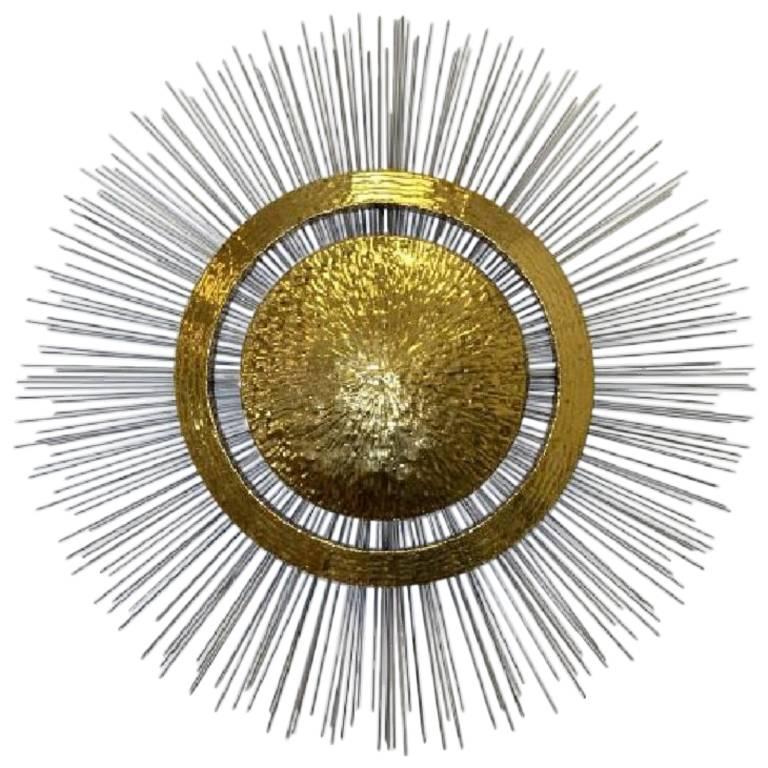 Large Brass and Steel Sunburst Wall Sculpture For Sale