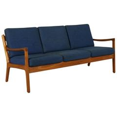 Three-Seat Sofa by Cado Teak Springs Cushions Fabric Vintage, Denmark, 1960s