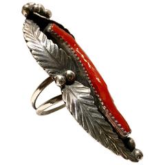 Vintage Navajo Sterling and Coral Feather Shadow Box Pea Pod Long FInger Ring