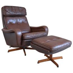 Danish Mid-Century Leather Reclining Armchair and Footstool, 1970s