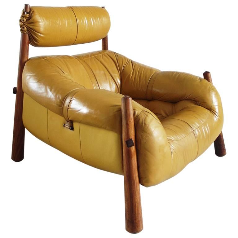 Percival Lafer Brazilian Lounge Chair in Yellow Ocre Leather for Later S.A.