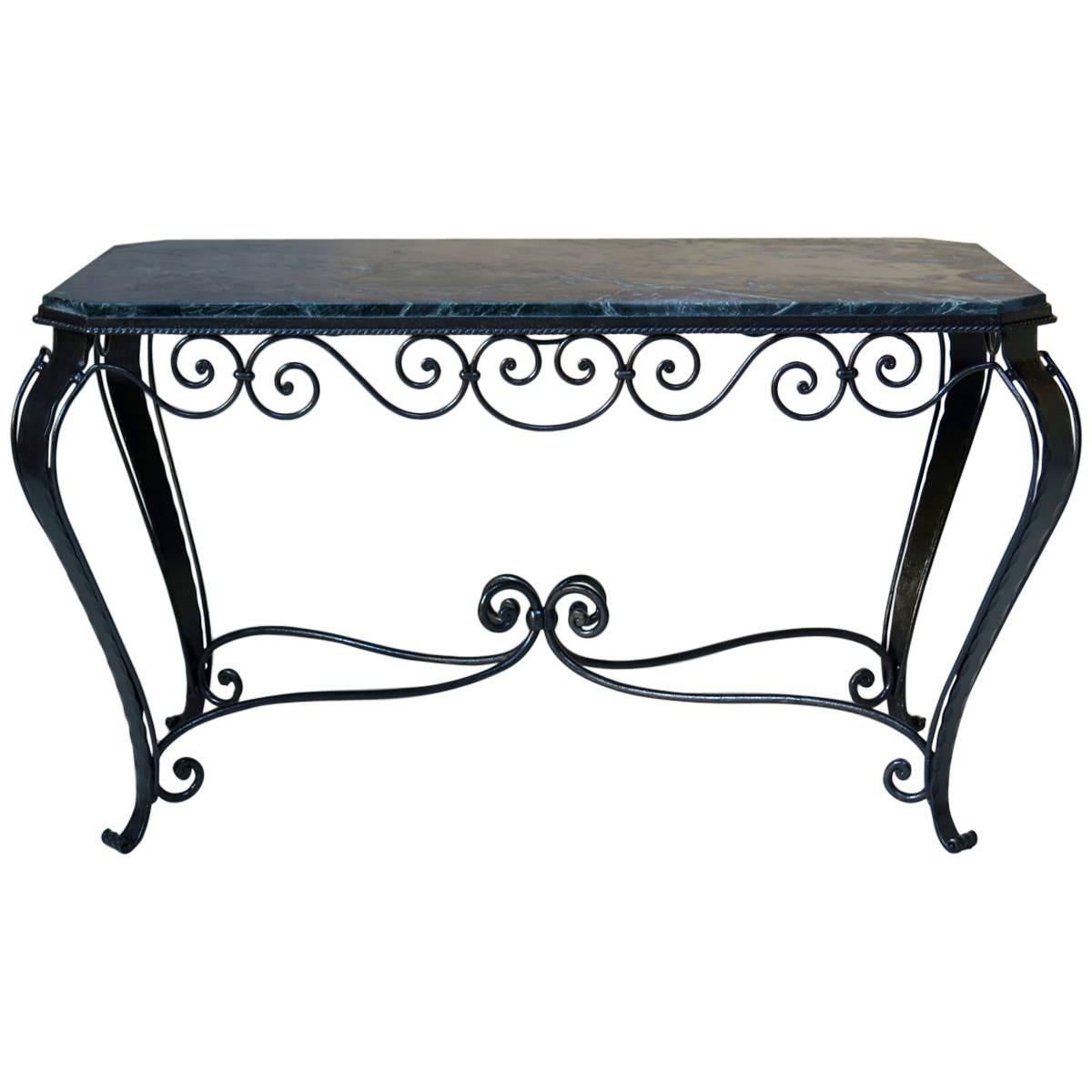 French Art Deco Wrought Iron and Marble Coffee Table, 1940s For Sale