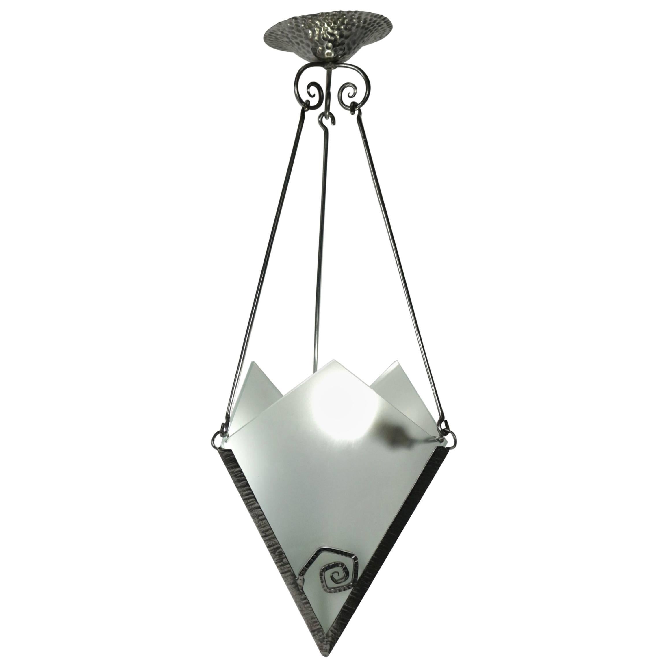 Pretty Small Art Deco Light Fixture in Etched Glass and Steel, circa 1930