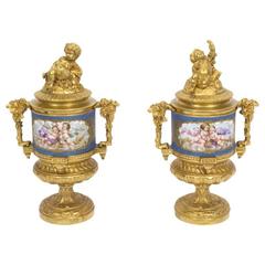 Antique Pair of Sevres Porcelain Urns Bleu Celeste, circa 1870