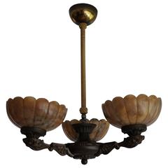 Small and Lovely Art Deco Alabaster Bronze and Brass Chandelier / Pendant