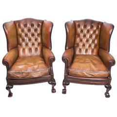 Antique Pair of Leather Chippendale Wingback Armchairs, circa 1920