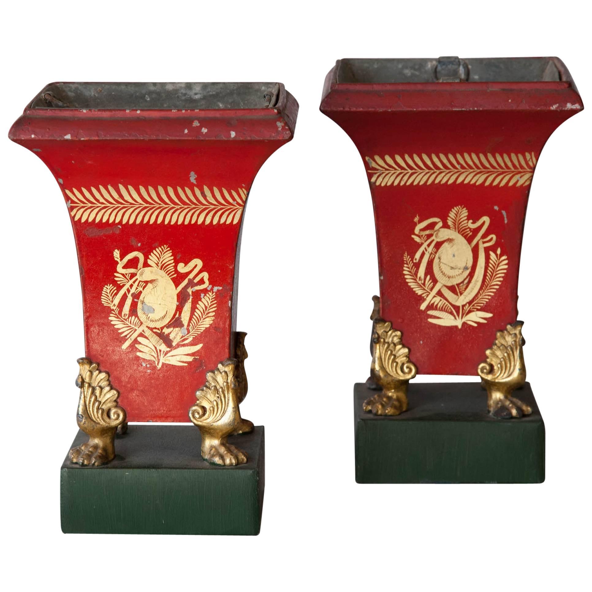 Pair of Small Early 19th Century Painted and Gilt Tole Ornamental Jardiniere For Sale