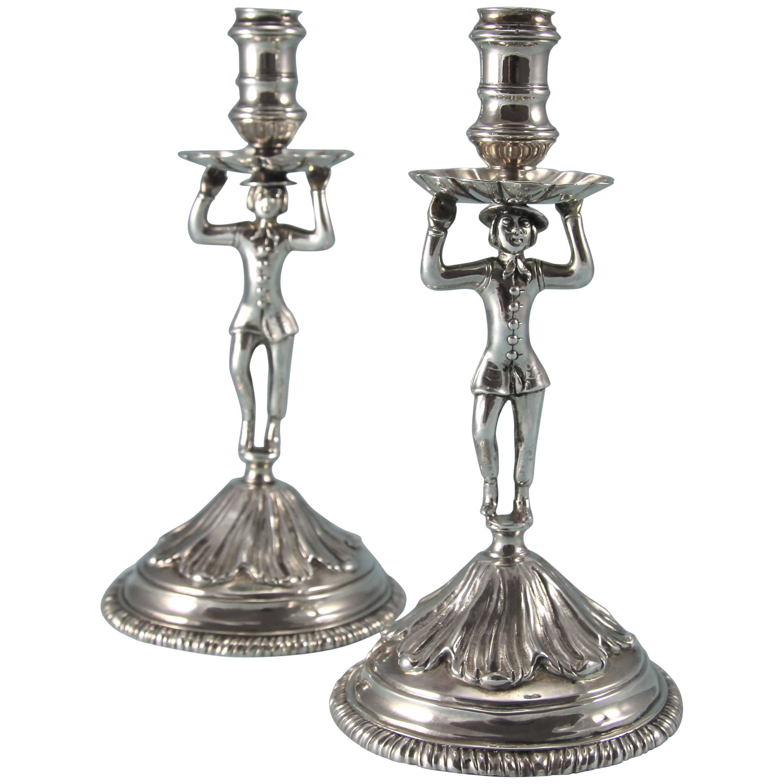 George II Rare Sterling Silver Sailor Tapersticks by Peter Werritzer For Sale