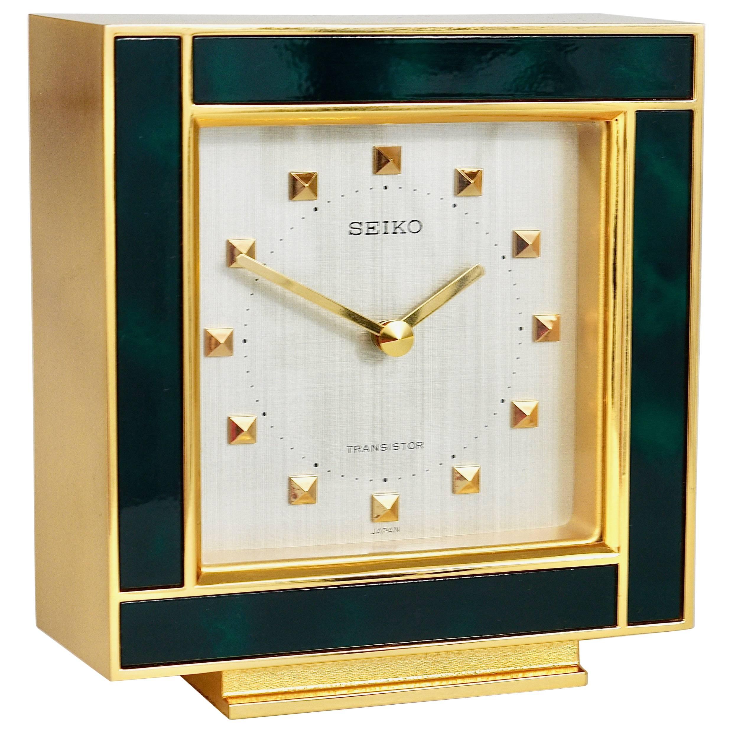 Beautiful Gold and Green Hollywood Regency Table Clock, Seiko, 1970s