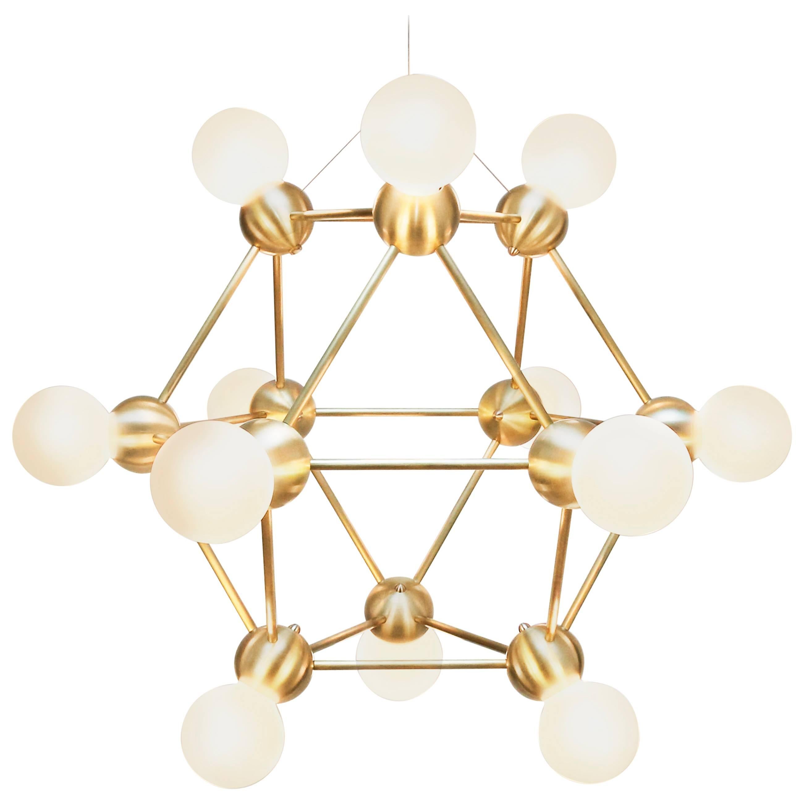 Lina Twelve-Light Chandelier, Brushed Brass Modern Minimal Geometric Space-Frame